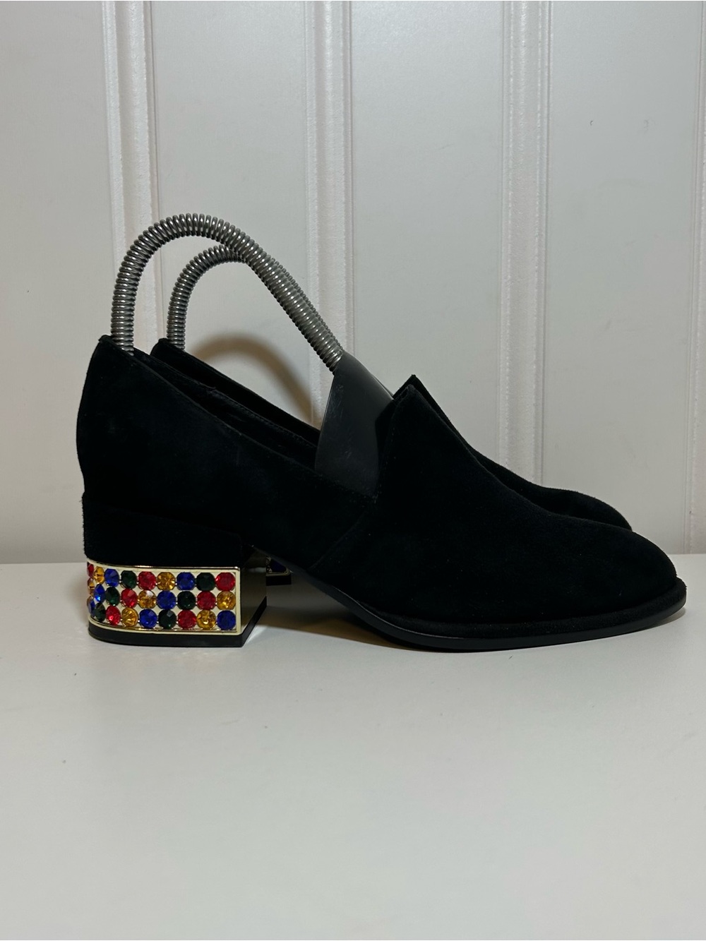 Jefferey Campbell Serling Black Suede Low Heel Loafers with rainbow gem
